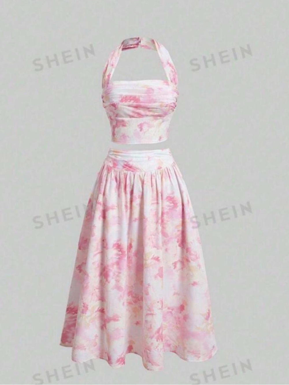 Pink & White Floral Halter Midi Two-Piece Dress
